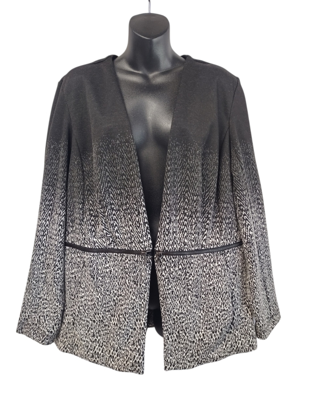 Grace Elements Women's XL Black White Ombré Herringbone Zip Front Jacket Blazer